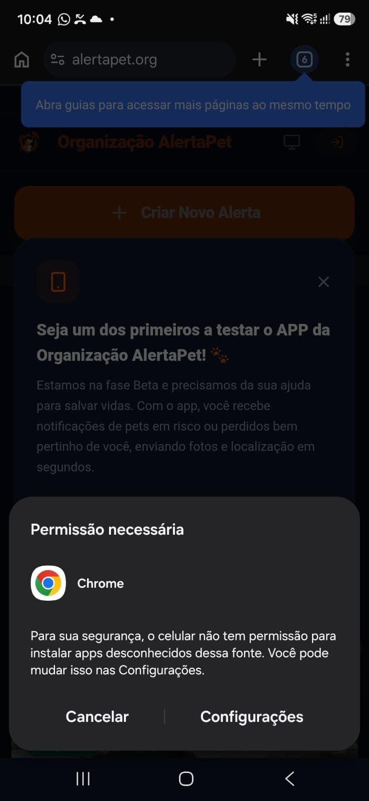 Aviso 'Permissão necessária' do Chrome pedindo pra liberar instalação de apps desconhecidos