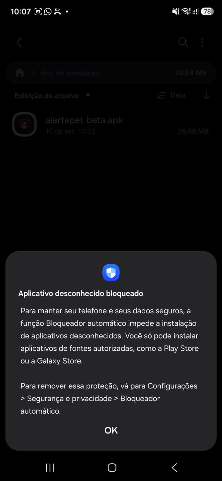 Aviso 'Aplicativo desconhecido bloqueado' do Bloqueador Automático da Samsung